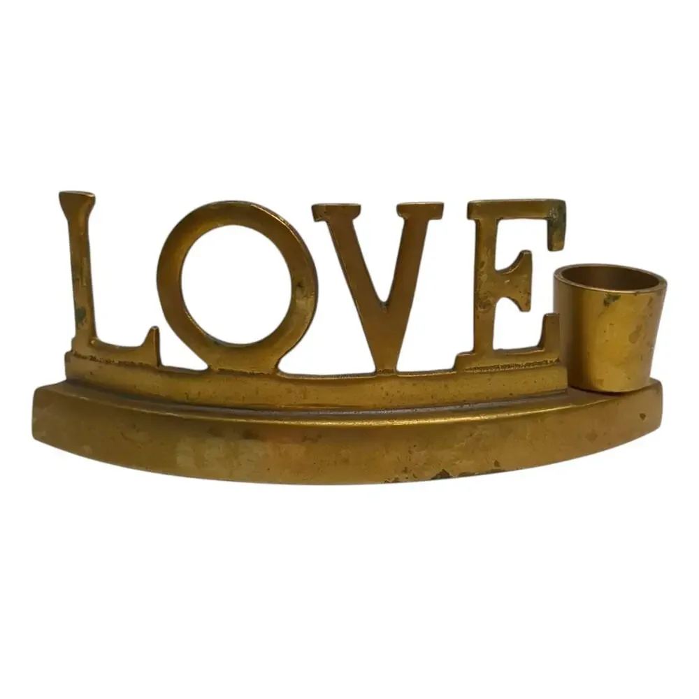 VTG Solid Brass Candlestick Holder LOVE Spell Out Christmas India 2 1/2” x6 1/4